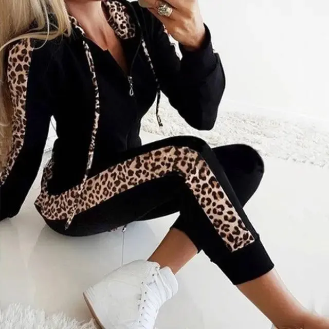 Women's retro casual leopard print sweatshirt and pants set