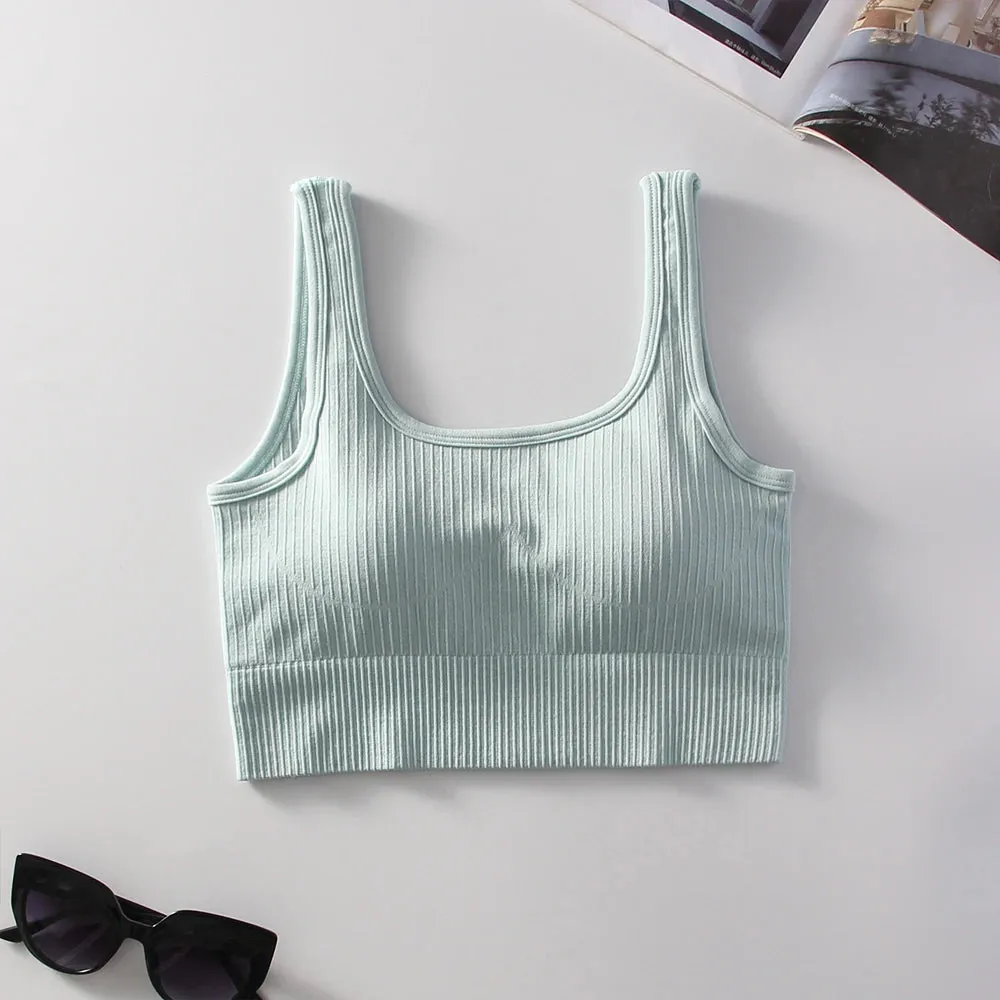 Women's Ribbed Solid Medium Support Square Neck Seamless Knit Padded Push Up Fitness Bra - Summer Activewear