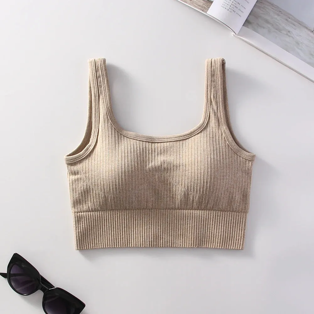 Women's Ribbed Solid Medium Support Square Neck Seamless Knit Padded Push Up Fitness Bra - Summer Activewear