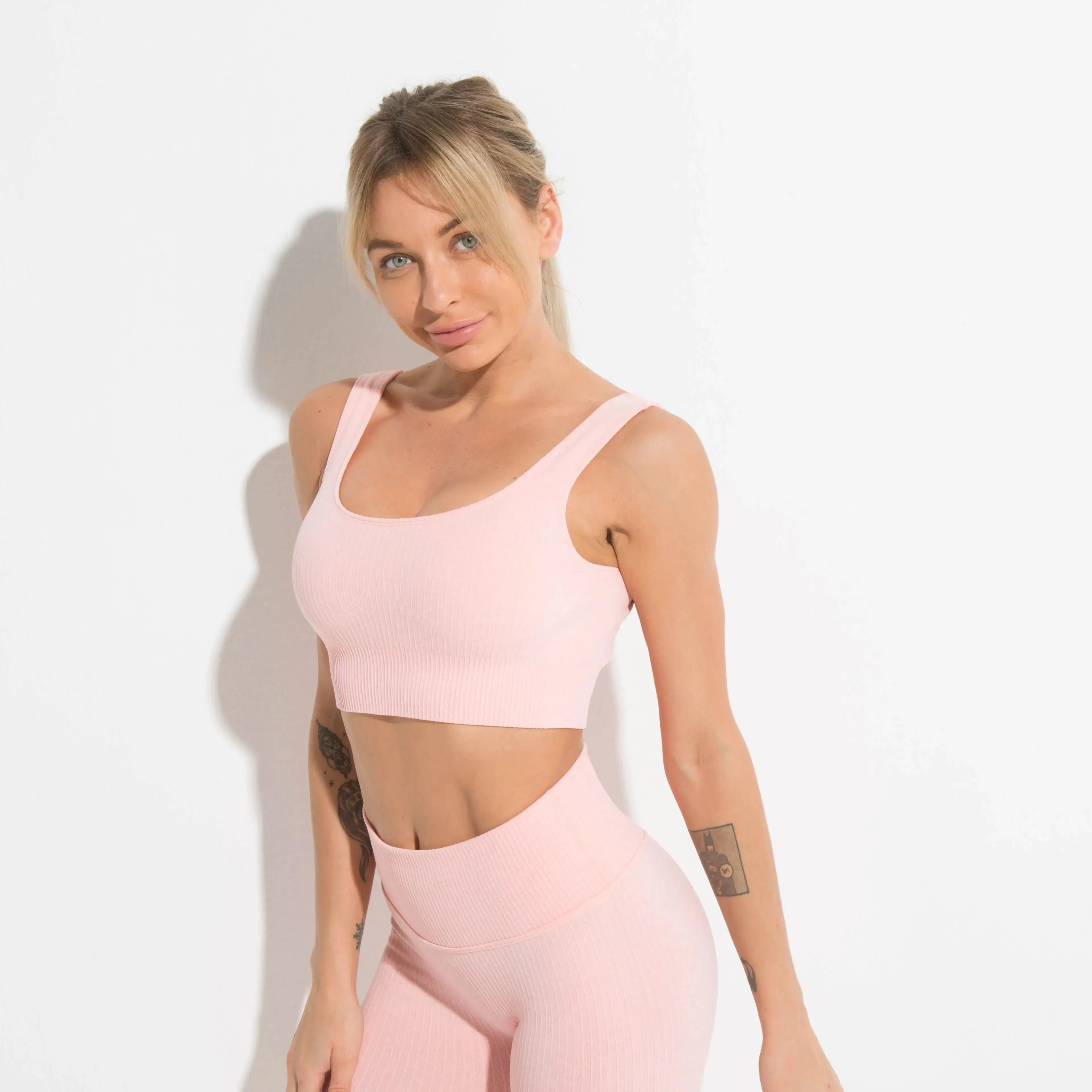 Women's Ribbed Solid Medium Support Square Neck Seamless Knit Padded Push Up Fitness Bra - Summer Activewear