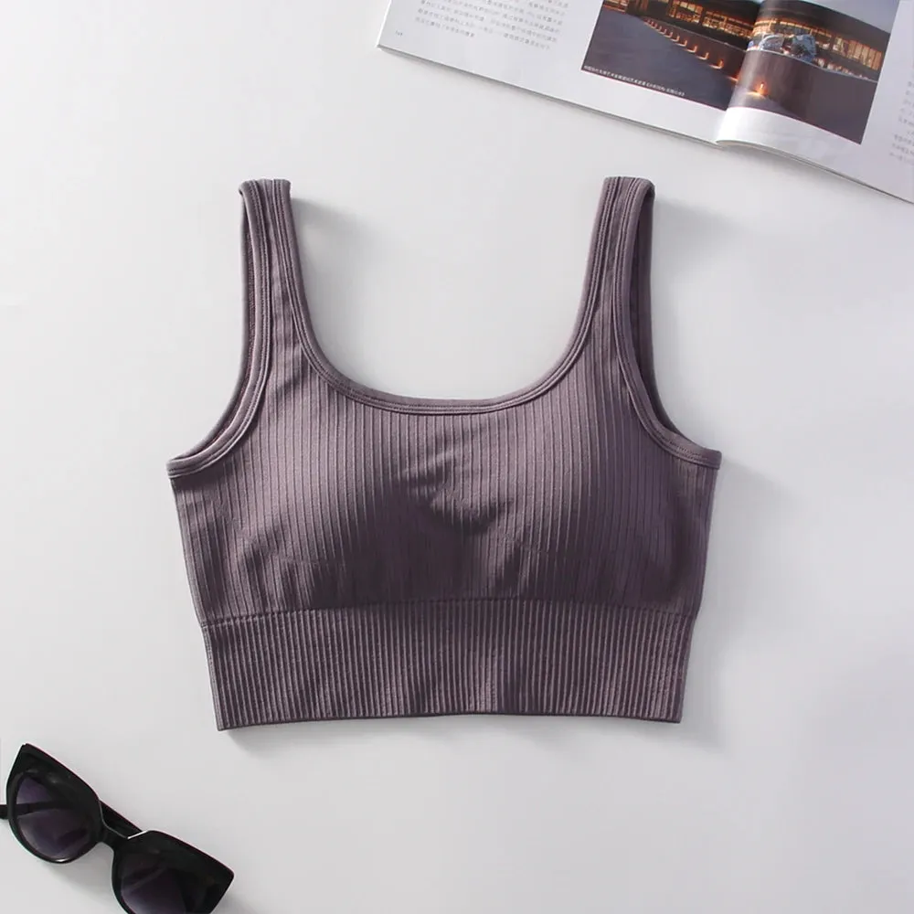 Women's Ribbed Solid Medium Support Square Neck Seamless Knit Padded Push Up Fitness Bra - Summer Activewear