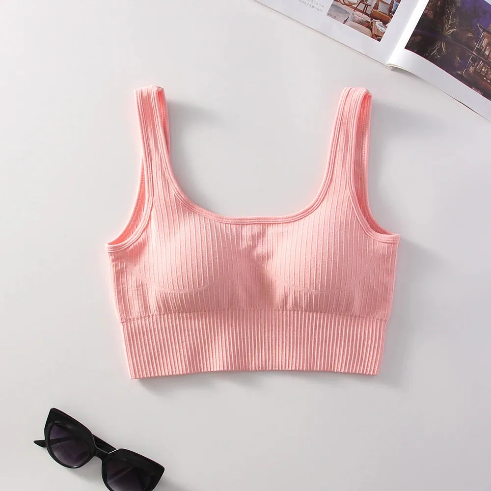 Women's Ribbed Solid Medium Support Square Neck Seamless Knit Padded Push Up Fitness Bra - Summer Activewear