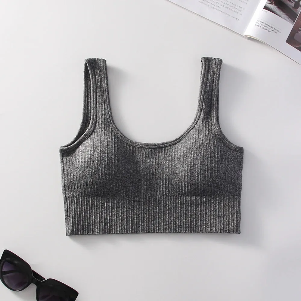 Women's Ribbed Solid Medium Support Square Neck Seamless Knit Padded Push Up Fitness Bra - Summer Activewear