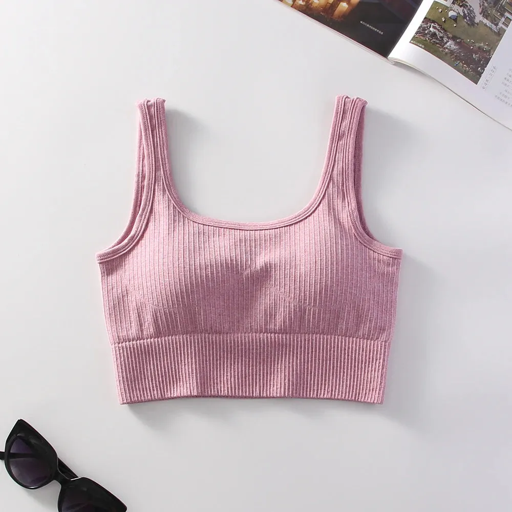 Women's Ribbed Solid Medium Support Square Neck Seamless Knit Padded Push Up Fitness Bra - Summer Activewear