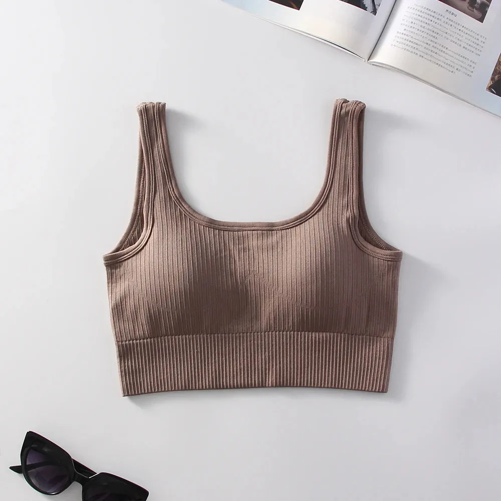 Women's Ribbed Solid Medium Support Square Neck Seamless Knit Padded Push Up Fitness Bra - Summer Activewear