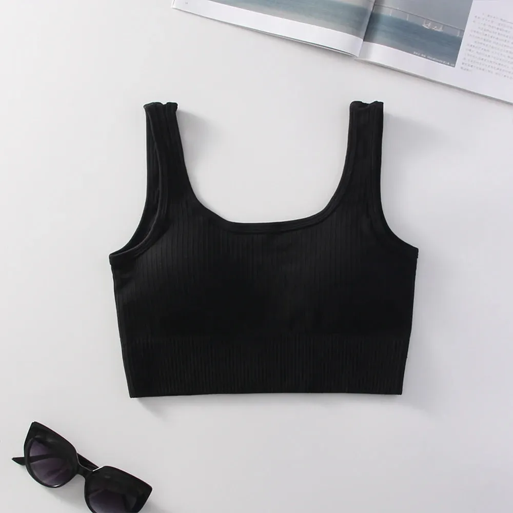 Women's Ribbed Solid Medium Support Square Neck Seamless Knit Padded Push Up Fitness Bra - Summer Activewear