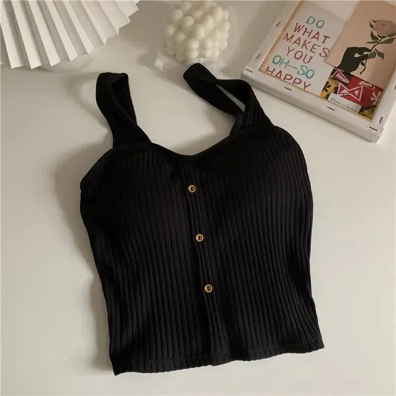 Women's Summer Elastic Tank Top Crop Camisole - Sleeveless Spaghetti Vest, Knitted Female Vest Tops in White and Black