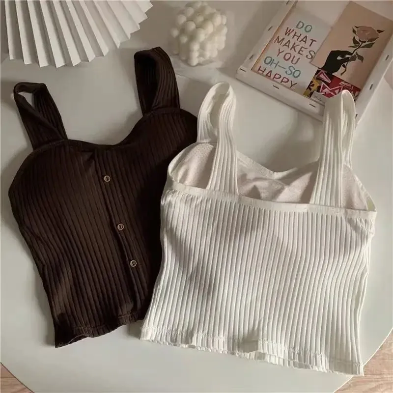 Women's Summer Elastic Tank Top Crop Camisole - Sleeveless Spaghetti Vest, Knitted Female Vest Tops in White and Black