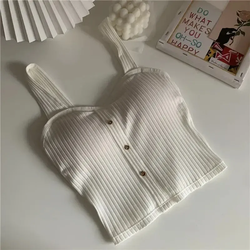 Women's Summer Elastic Tank Top Crop Camisole - Sleeveless Spaghetti Vest, Knitted Female Vest Tops in White and Black