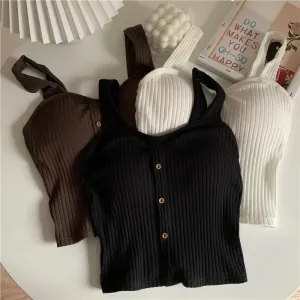 Women's Summer Elastic Tank Top Crop Camisole - Sleeveless Spaghetti Vest, Knitted Female Vest Tops in White and Black
