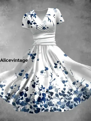 Women's Vintage Blue Leaf Art Print V Neck Maxi Dress