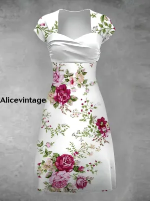 Women's Vintage Floral Art Print V-Neck Midi Dress