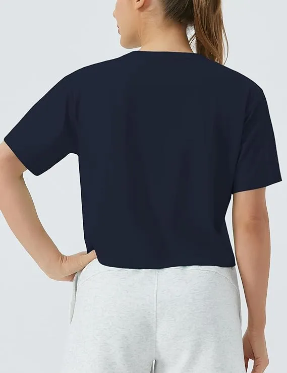 Women's Workout Gym Crop Top T-Shirt Yoga Running Cropped Basic Tee Navy Blue