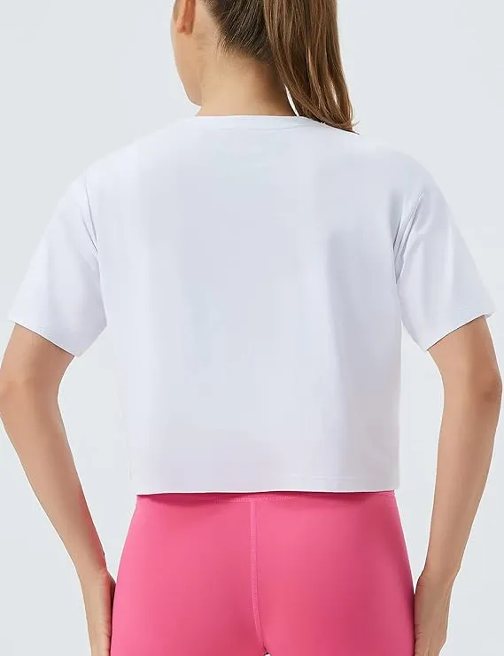 Women's Workout Gym Crop Top T-Shirt Yoga Running Cropped Basic Tee White