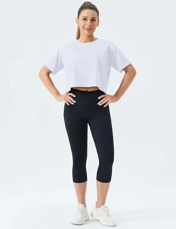 Women's Workout Gym Crop Top T-Shirt Yoga Running Cropped Basic Tee White