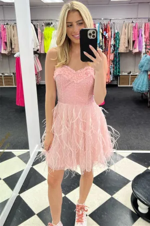 Wynne |Sweetheart Pink Grid Short homecoming Dress with Feathers