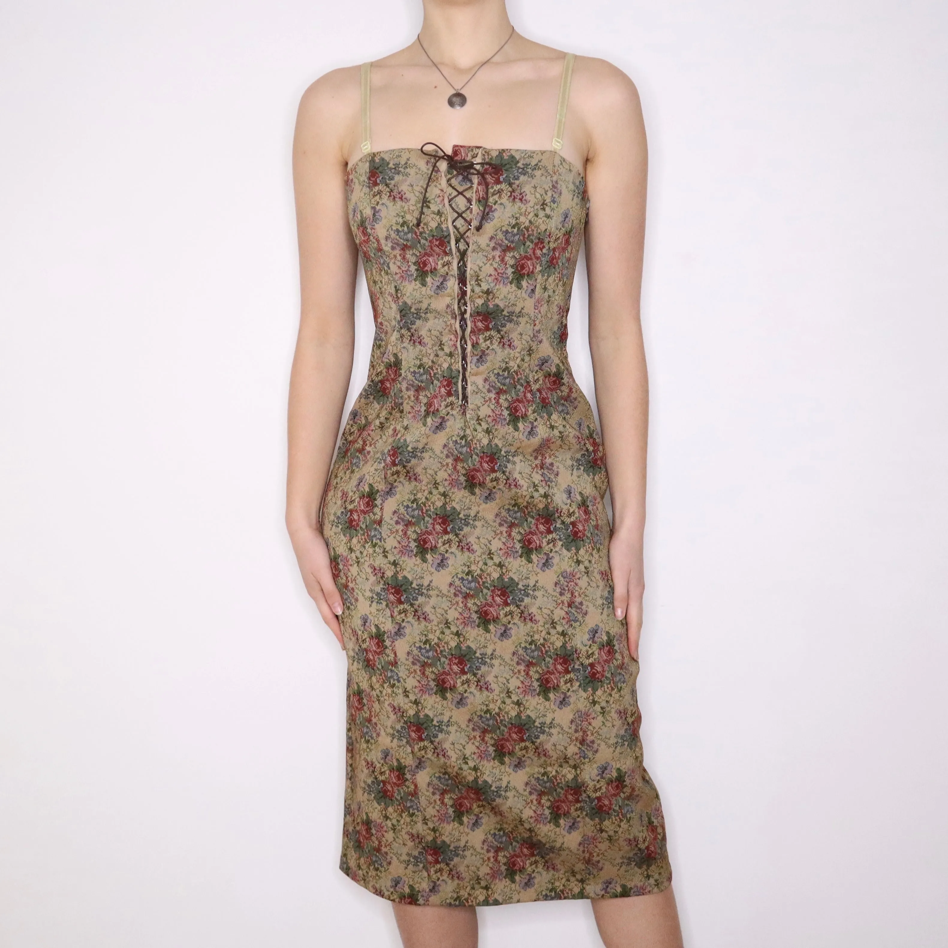 Y2K Italian Floral Tapestry Corset Midi Dress (M)