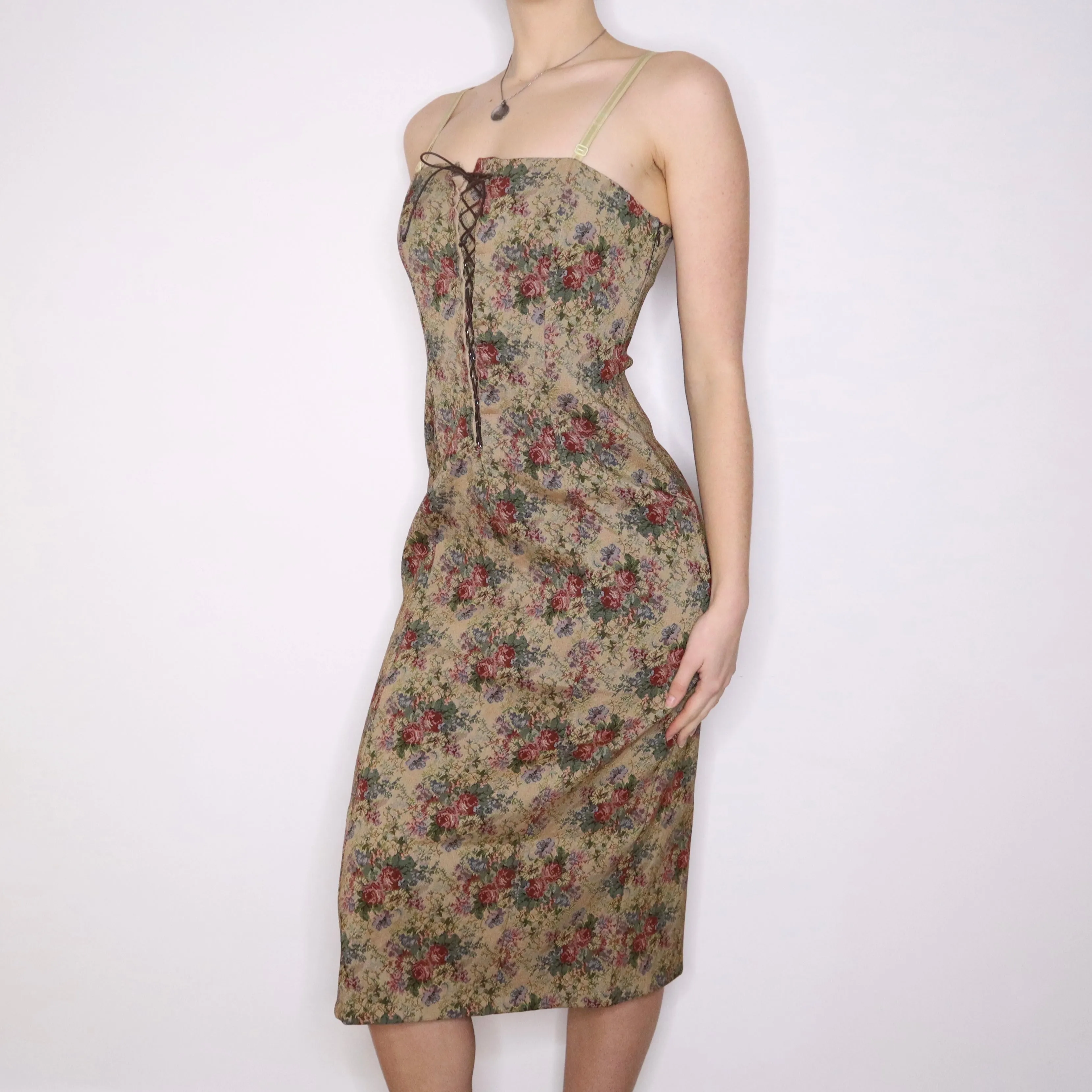 Y2K Italian Floral Tapestry Corset Midi Dress (M)