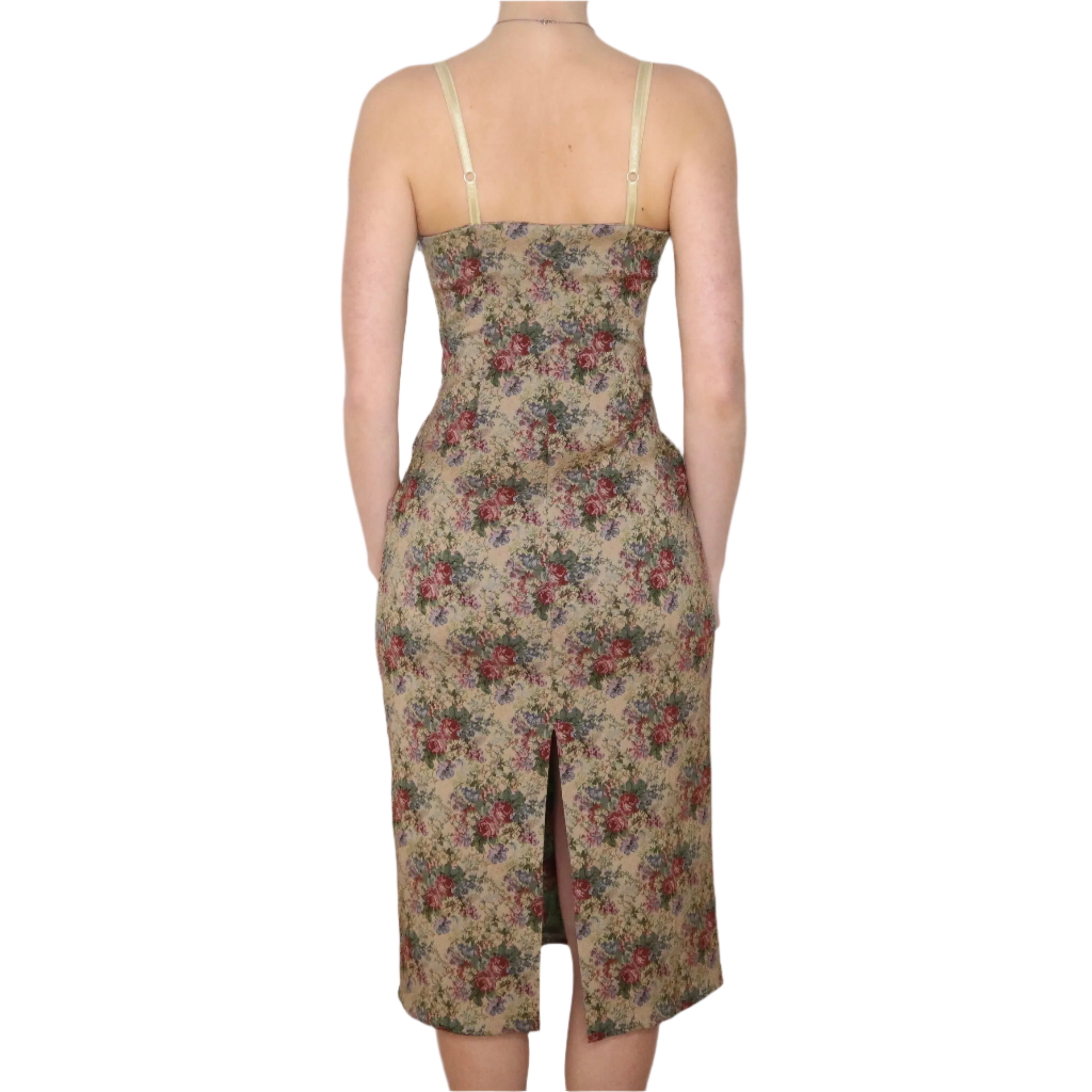 Y2K Italian Floral Tapestry Corset Midi Dress (M)