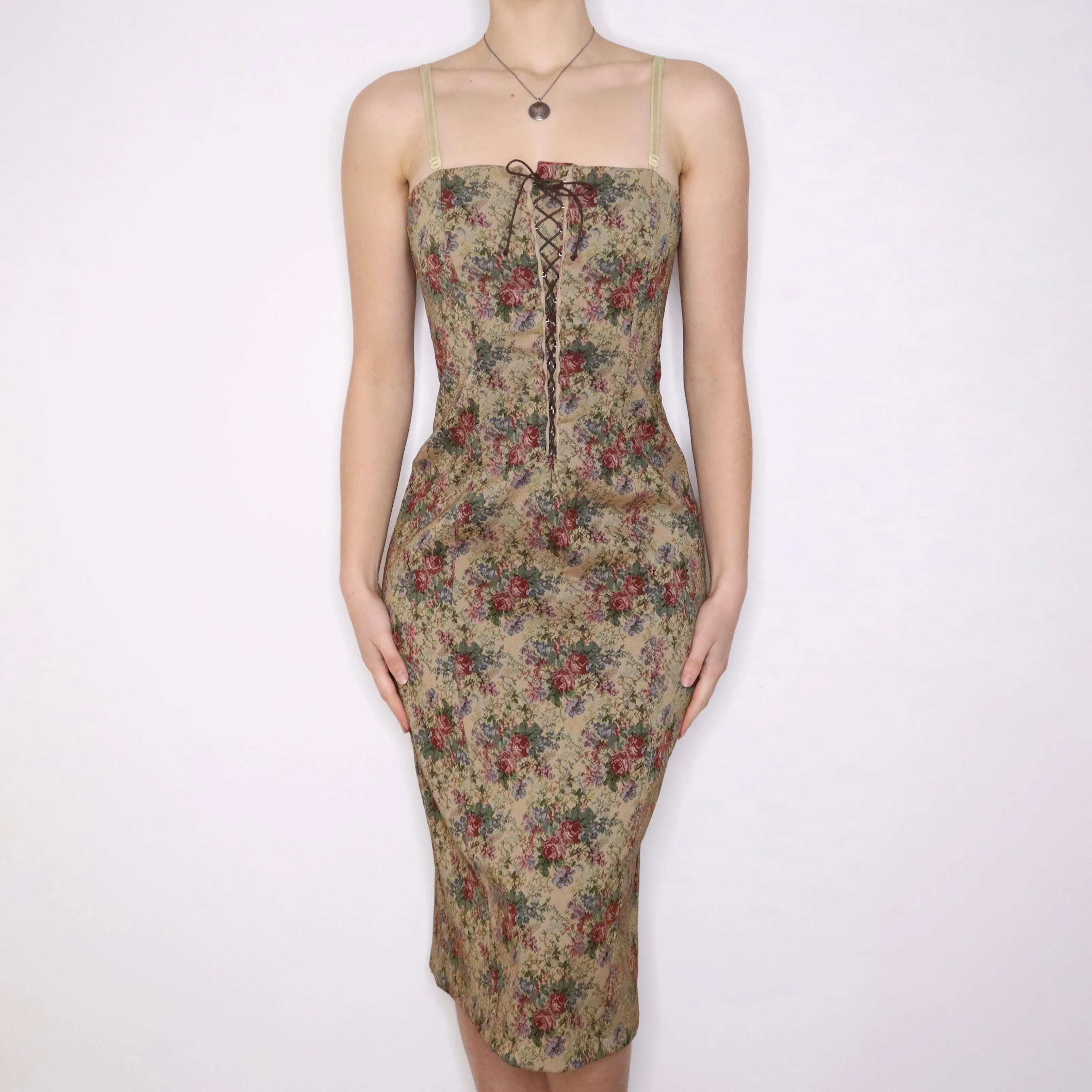 Y2K Italian Floral Tapestry Corset Midi Dress (M)