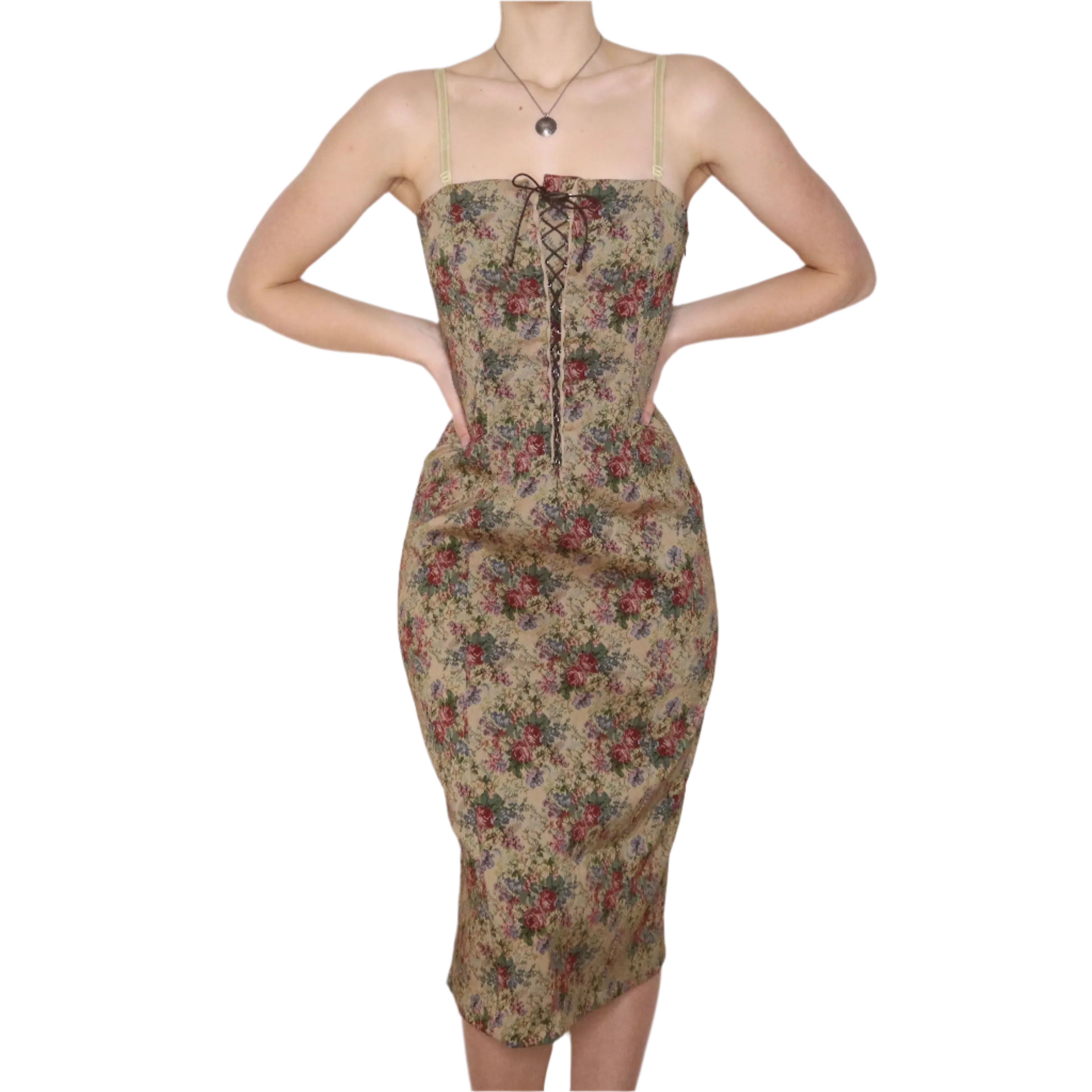 Y2K Italian Floral Tapestry Corset Midi Dress (M)