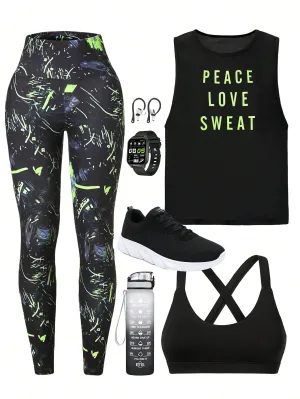 Yoga Trendy 3Pcs Letter Print Tank Top & Sports Bra & Graphic Leggings