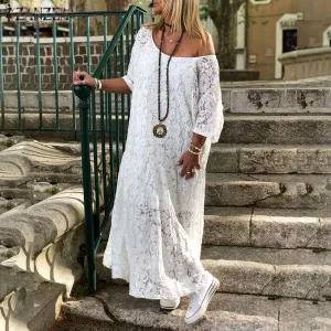 Zanzea Lace Crochet Maxi Long Dress With O-Neck