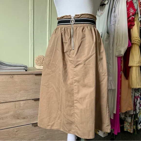 ZARA Tan Nude Camel Cargo Paper Bag Midi Knee-Lengt Modest Elastic Waist Skirt M